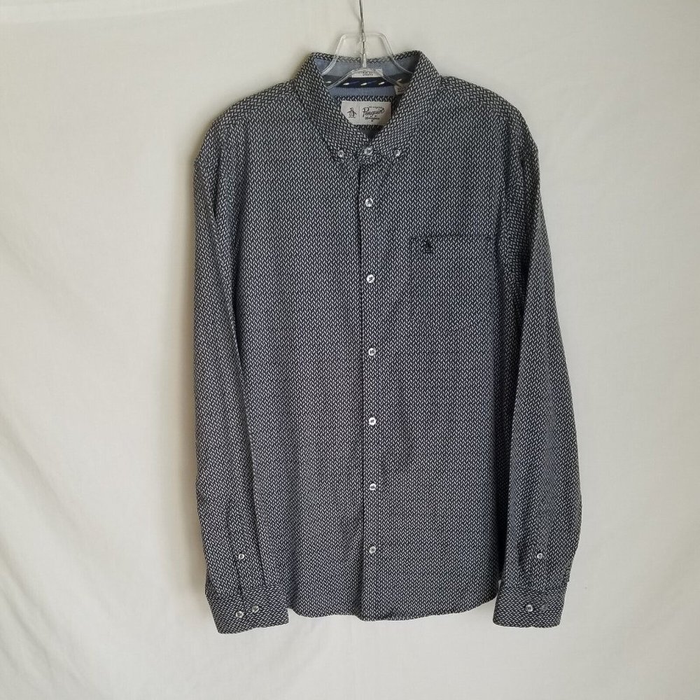 Penguin Heritage Slim Fit Mens Blue Geometric Button Front‎ L/S Shirt Size XL